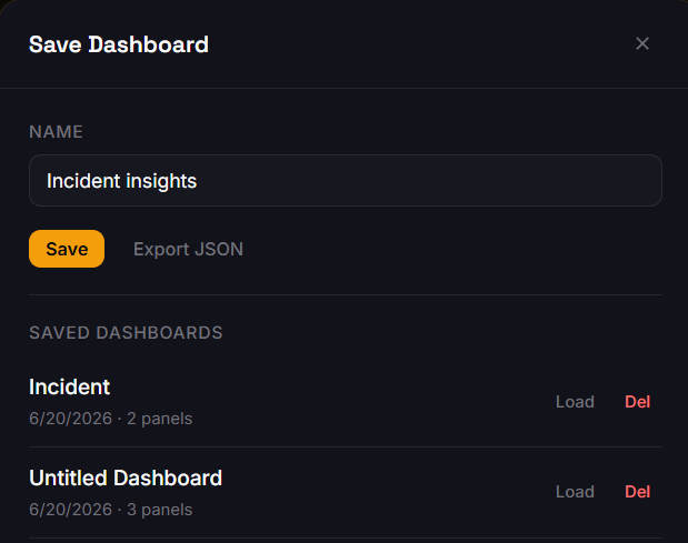 Save dashboard modal with JSON export option